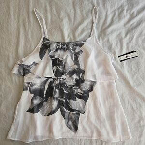 AB Studio 🌸 sz L white tank top with black abstract floral print NWT